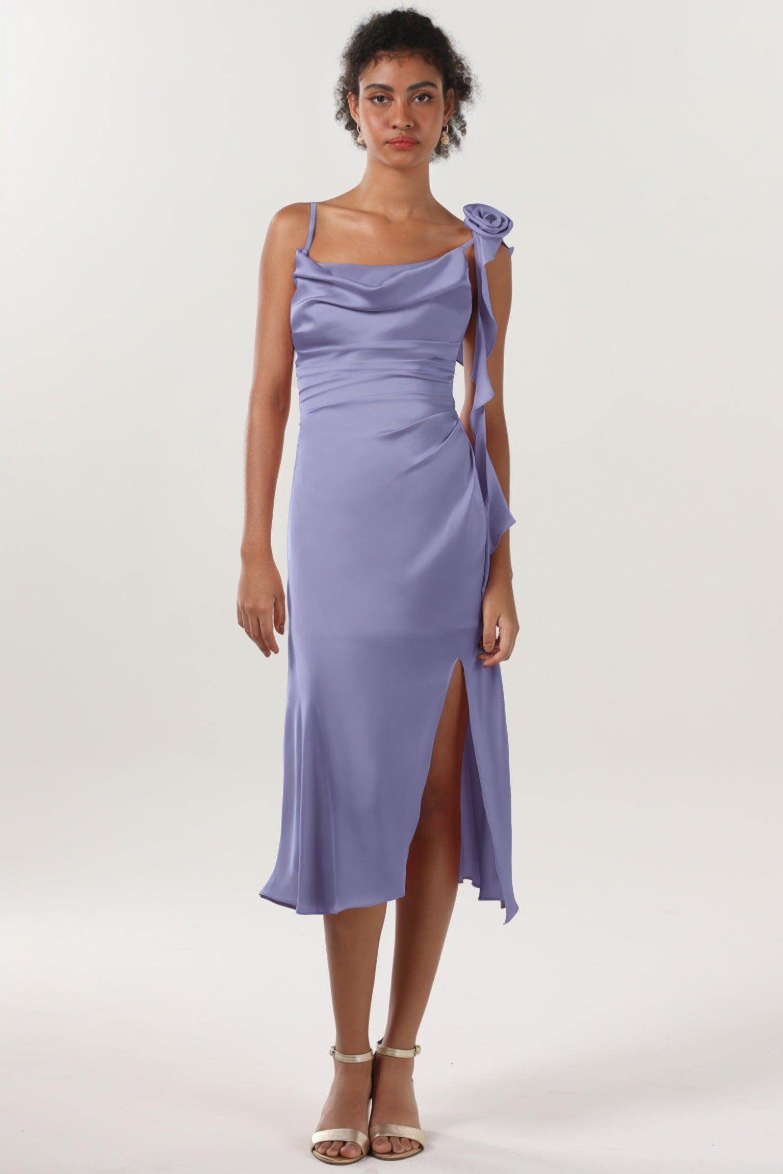 Sheath-Column Midi Luxe Satin Bridesmaid Dress CS0613BM - COCOMELODY